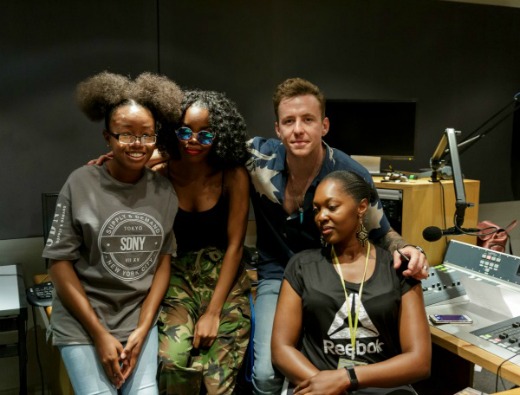 (left to right) Tamara Jacks, Unknown Student, Danny Jones & Julie McAlpine (aka Stush) in the BRIT FM studio.